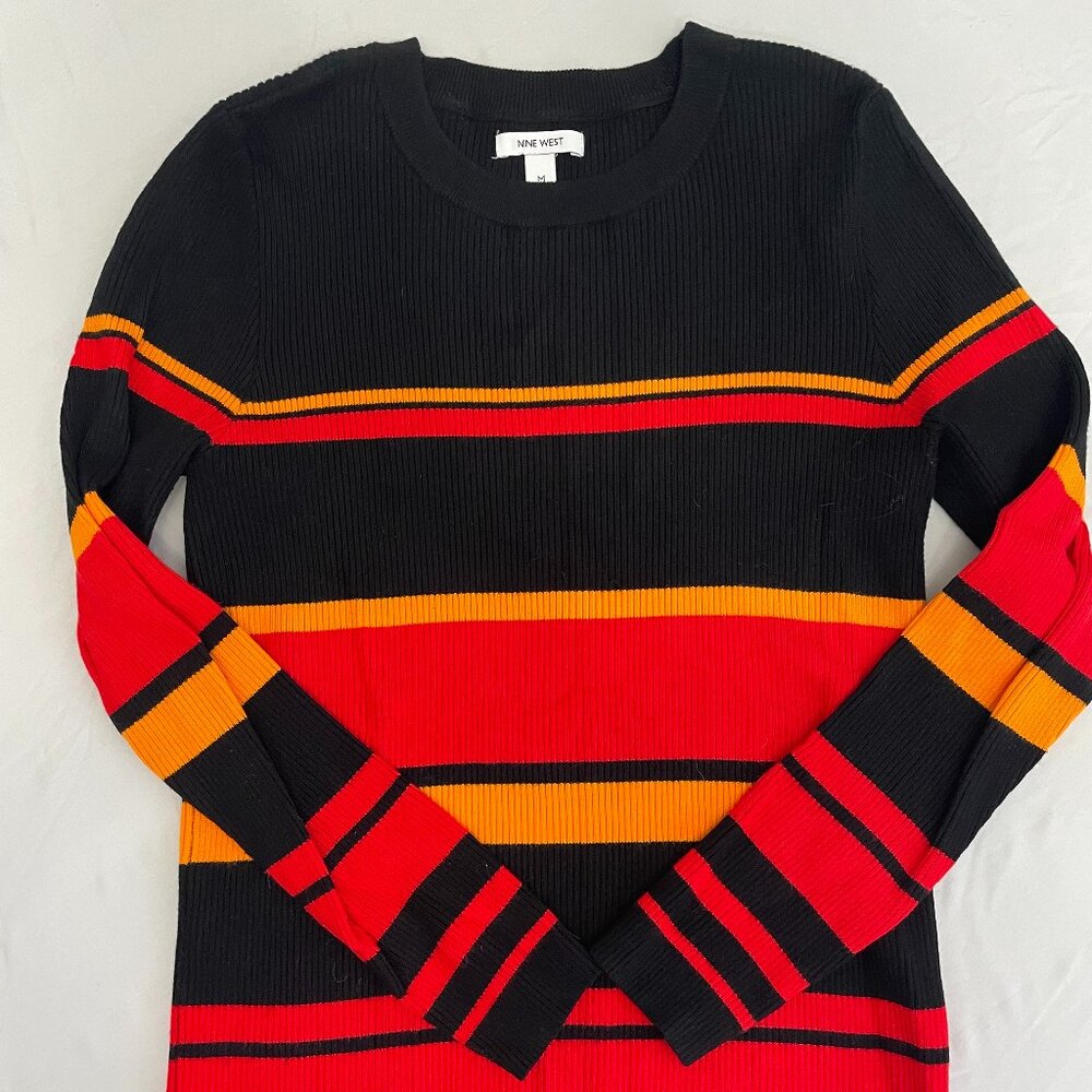 Nine West striped, ribbed sweater, black/red/orange, size M